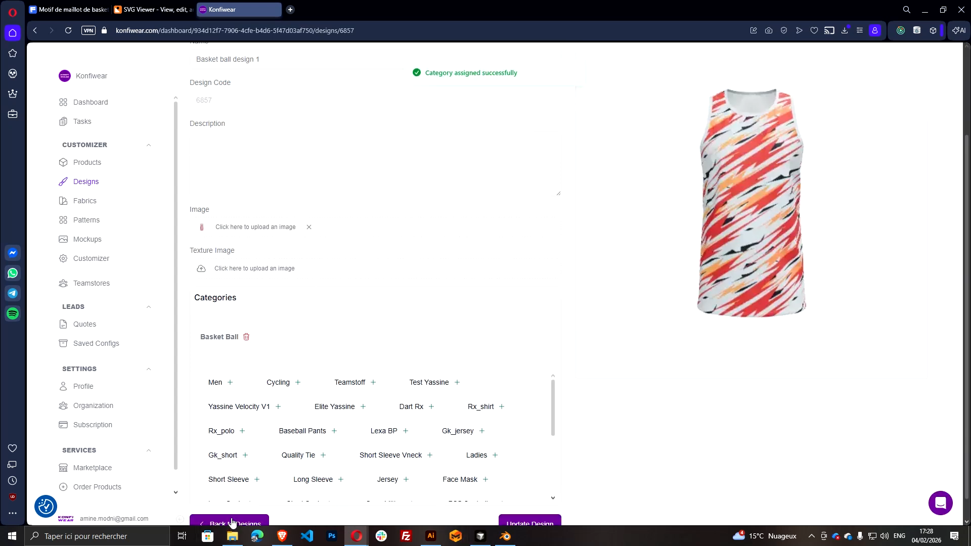 Konfiwear design settings showing category assignment matching product model category